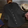 Chemise décontractée ample en coton et lin noir pour femme avec col en V et boutons - 3XL / Hauts / Noir