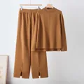 Cozy caramel brown knit two-piece set featuring mock neck sweater and slit wide-leg pants - One Size / Top And Bottom / Camel