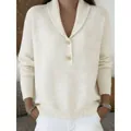 Pull en tricot blanc cassé élégant pour femme avec col polo décontracté et boutons - Blanc