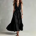 Elegant black sleeveless V-neck ruffle maxi dress with waist tie and tiered hem - S / Dresses / Black