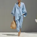 Elegante conjunto de dos piezas azul claro para mujer con mangas murciélago y cuello en V - XS / Top Y Pantalón / Azul cielo