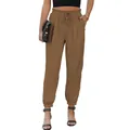 Close-up view of women's high-waisted brown drawstring jogger pants with elastic cuffs - S / Bottoms / Tan