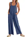 Tuta intera casual a gamba larga in cotone e lino di colore blu denim a tinta unita - Blu