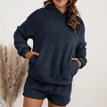 Cozy navy blue fuzzy fleece hooded sweatshirt and shorts lounge set on a model - S / Top And Bottom / Navy Blue