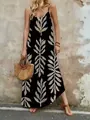 Elegante vestido largo bohemio con estampado de hojas y tirantes para vacaciones - S / Vestidos / Negro