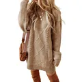 Close-up detail of oversized cable knit sweater dress featuring classic diamond patterns - S / Dresses / Khaki