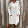 Cozy white knit polo neck dress with long sleeves and front buttons for winter days - S / Dress (ZY7732) / White