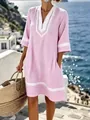 Pink and white striped V-neck beach tunic dress for resort wear and summer vacation. - S / Dresses / Pink