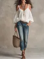Elegante böhmische schulterfreie weiße Bluse mit Puffärmeln und dünnen Spaghettiträgern - S / Oberteile / Weiß
