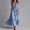 Elegant light blue sleeveless maxi dress with V-neck ruffles and a waist tie detail - S / Dresses / Light Blue