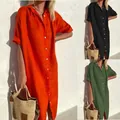 Elegantes, lässiges, loses Maxikleid aus Baumwolle und Leinen mit Knöpfen und Ärmeln. - 3XL / Fabrikgroßhandel