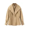 Retro British style camel faux suede jacket with slim waist and fake two-piece design - XS / Tops / Khaki