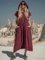 Abito midi retrò in cotone e lino con cappuccio, mezza cerniera e tasche pratiche - Taglia S / Vestiti / Borgogna