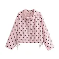 Stylish pink polka dot jacket for women featuring a drawstring hem and button-down front - XS / Tops / Pink