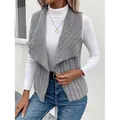 Stylish grey sleeveless vest with soft fleece lapel and ribbed texture for autumn - S / Tops / Gray