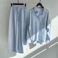 Light blue 2-piece cotton linen set with button-down shirt and wide-leg pants - Light Blue