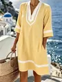 Yellow striped V-neck Bohemian beach dress and tunic with delicate white lace trim - S / Dresses / Yellow