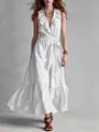 Elegant white V-neck sleeveless maxi dress with ruffles and a tie waist belt - S / Dresses / White