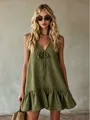 Front view of an olive green V-neck sleeveless ruffle dress for summer vacation. - S / Dresses / Army Green