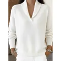 Elegant white V-neck long sleeve knitted sweater for women, cozy loose fit style. - White