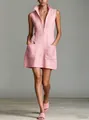 Elegant pink linen sleeveless dress with a chic stand collar and front zipper detail - S / Dresses / Pink