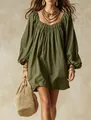 Robe courte bohème élégante vert olive à manches lanterne pour vacances d'été - Vert Militaire