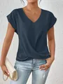 Elegant women's V-neck short sleeve T-shirt with twisted hem in navy blue - Dark Blue