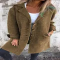 Detail showing olive green mid-length button-up cardigan coat for women with pockets. - Brown