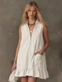 Elegant sleeveless A-line mini dress featuring a front zipper and ruffle hem detail. - S / Dresses / Off White