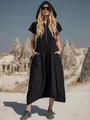 Abito midi nero in cotone lino con cappuccio, mezza zip e grandi tasche laterali - Taglia S / Vestiti / Nero