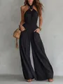 Details of black Bohemian halter backless wide-leg jumpsuit with smocked waist and pockets - S / Dresses / Black