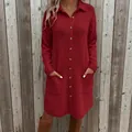 Elegant red knit polo collar long sleeve button-down dress featuring front pockets - S / Dress (ZY7732) / Red