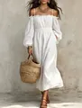 Detailed shot of white off-shoulder linen maxi dress with pleated bodice and straps - S / Dresses / White