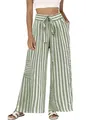 Detailed view of women's summer striped high waist wide leg pants in green and white - Yellow-Green