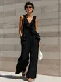 Elegant black sleeveless V-neck ruffled jumpsuit made of premium cotton linen fabric - Black
