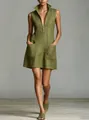 Sleeveless olive green linen mini dress with stand collar and front zipper detail. - S / Dresses / Army Green