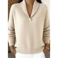 Elegant beige V-neck long-sleeve knitted sweater with a comfortable loose fit for winter - Apricot