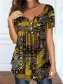 Detailed visual of an elegant women's paisley print top with V-neck and white buttons - Yellow