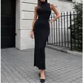 Elegante zwarte mouwloze maxi bodyconjurk met hoge nek en ribgebreid patroon voor dames - Zwart