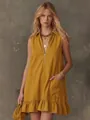 Detail of mustard yellow sleeveless mini dress with half-zip V-neck and ruffled hem. - S / Dresses / Yellow