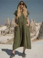 Abito midi vintage verde militare con cappuccio in cotone e lino con mezza zip. - Verde militare