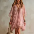 Elegantly draped pink chiffon V-neck beach dress featuring tiered ruffles and lace - S / Dresses / Pink