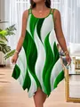Vista detallada del estampado de ondas verdes y blancas y el dobladillo de la vestido - S / Verde