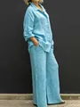 Conjunto informal de dos piezas de lino para mujer con camisa y pantalón de pierna ancha - S / Top Y Pantalón / Azul cielo