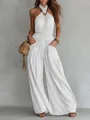 Elegant bohemian white backless sleeveless wide-leg jumpsuit with shirred waist and pockets - S / Dresses / White