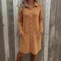 Elegant ginger knit button-down polo sweater dress with pockets for autumn winter - S / Dress (ZY7732) / Camel