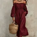 Bohemian off-shoulder burgundy cotton linen maxi dress perfect for summer vacations - S / Dresses / Burgundy