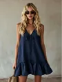 Navy blue V-neck sleeveless ruffle mini dress for summer vacation beach wear - Navy Blue