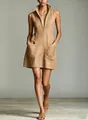 Full body shot of a sleeveless tan linen dress featuring a front zipper and pockets - S / Dresses / Khaki