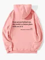 Detail view of pink fleece hoodie featuring inspirational back print in black text. - Pink